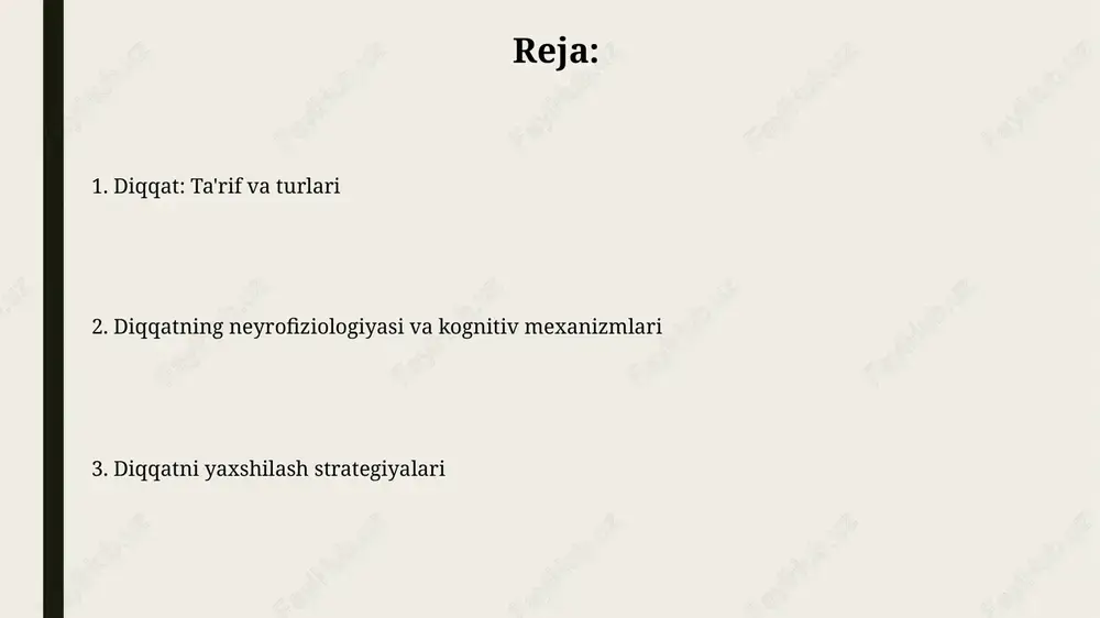 ni keltirib chiqaradi. diqqatning buzilishi diqqat buzilishlariga adhd (diqqat tanqisligi va giperfaollik buzilishi) misol boʻla oladi, unda diqqatni jamlash qobiliyati 6 oydan ortiq davom etadigan muammolarga olib keladi. travmatik miya shikastlanishi (tms) natijasida diqqatning buzilishi kuzatilishi mumkin; bu holatda diqqatni ushlab turish qobiliyati 30 foizga kamayishi mumkin. diqqatni rivojlantirish usullari muntazam ravishda 15-20 daqiqa davomida meditatsiya qilish miyaning diqqatni jamlash qobiliyatini oshirib, stressni kamaytirishga yordam beradi. sherlock xolms usuli, ya'ni kichik detallarga e'tibor qaratish va xotirada saqlash, diqqatni rivojlantirishga 30%gacha yordam beradi. diqqat va xotira diqqatning hajmi, oʻrtacha 7 ± 2 elementdan iborat, bu xotirada bir vaqtning oʻzida ushlab turish mumkin boʻlgan maʼlumot miqdorini koʻrsatadi va qisqa muddatli xotiraga taʼsir qiladi. ish xotirasi diqqatni boshqarishda muhim rol oʻynaydi, murakkab vazifalarni bajarish uchun maʼlumotlarni saqlash va qayta ishlash imkonini beradi, bu 20-30 soniya davom etishi mumkin. diqqat va o'rganish diqqat, 7 +/- 2 qoidasi bilan bog'liq bo'lib, qisqa muddatli xotirada bir …