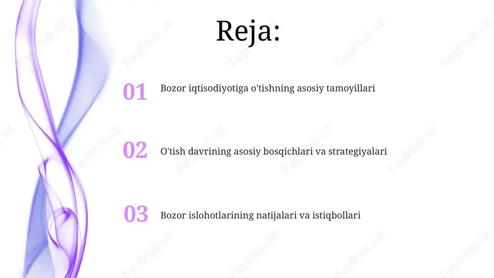 tegishli bo'lishi, samaradorlikni oshirishga yordam beradi. xususiylashtirish siyosati ushbu siyosatning asosiy maqsadi iqtisodiy samaradorlikni oshirish, xorijiy investitsiyalarni jalb qilish va raqobatbardosh muhitni yaratish edi, 70% korxonalar xususiylashtirilgan. xususiylashtirish siyosati 1990-yillarda boshlangan bo'lib, davlat mulkini xususiylashtirish orqali iqtisodiyotni erkinlashtirishga qaratilgan dastur edi, bunda korxonalar aksiyalari sotilgan. narxlarni liberallashtirish narxlarni liberallashtirish davlatning narx belgilashdan voz kechib, bozor mexanizmlari orqali talab va taklif asosida shakllanishiga imkon beradi. liberallashtirish, shuningdek, inflyatsiyaga olib kelishi mumkin. chunki, avval nazorat qilingan narxlar birdaniga bozor qiymatiga ko'tariladi, bu esa narxlar umumiy darajasini oshiradi. moliyaviy islohotlar moliyaviy islohotlar davlat byudjeti defitsitini kamaytirishga qaratilgan boʻlib, 1990-yillarda soliq tizimini takomillashtirish va xarajatlarni optimallashtirish orqali amalga oshirildi. bank islohotlari 1990-yillarning oʻrtalarida tijorat banklarini rivojlantirish, ularning kapitalini oshirish va xalqaro standartlarga muvofiq faoliyat yuritishini taʼminlash maqsadida boshlandi. savdo siyosatini isloh qilish eksport nazoratini bekor qilish va eksportni rag'batlantirish siyosatini joriy etish orqali eksport hajmini oshirish, valyuta tushumini ko'paytirish va savdo balansini yaxshilashga xizmat …