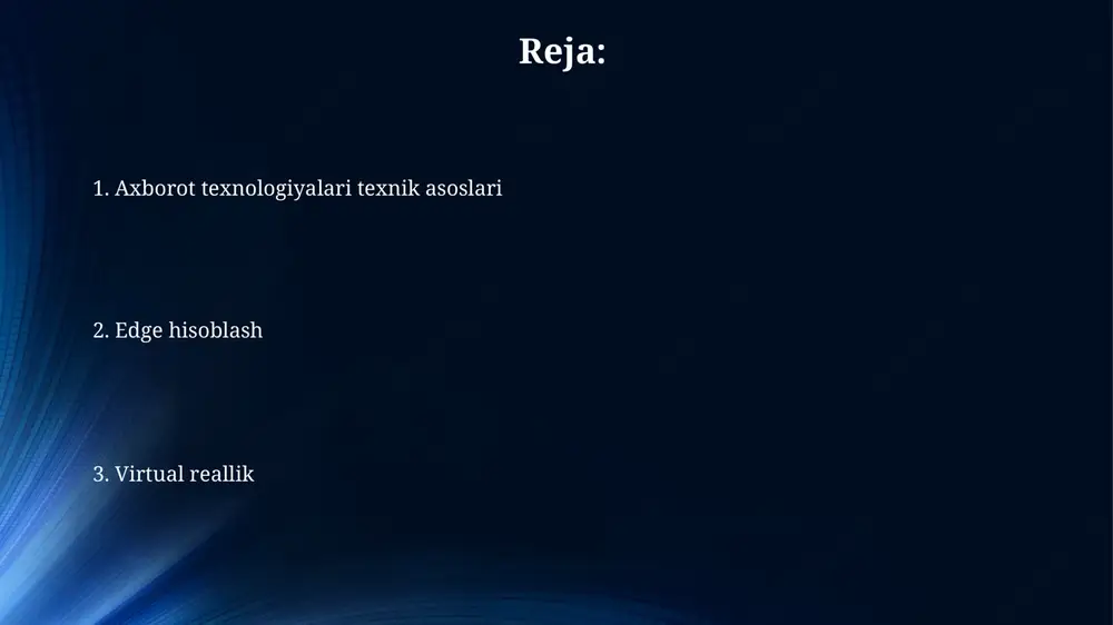 ishga imkon beradi, har biri o'zining operatsion tizimi va resurslariga ega. gipervizor, masalan vmware esxi, apparat resurslarini taqsimlaydi va vm'lar o'rtasida ajratishni ta'minlaydi, xavfsizlik va resurslardan samarali foydalanishni kafolatlaydi. dasturiy ta'minotni ishlab chiqish metodologiyalari agile metodologiyalari, masalan, scrum, iterativ rivojlanishni ta'minlaydi, bunda loyiha sprintlarga bo'linib, har bir sprint 2-4 hafta davom etadi va qayta aloqa oladi. devops metodologiyasi dasturiy ta'minotni ishlab chiqish, sinash va joriy etish jarayonlarini avtomatlashtirishga qaratilgan bo'lib, ci/cd quvurlaridan foydalanadi, ya'ni continuous integration/continuous deployment. bulutli hisoblash asoslari bulutli hisoblashning asosiy modeli uchta xizmat turini o'z ichiga oladi: iaas (infratuzilma xizmat sifatida), paas (platforma xizmat sifatida) va saas (dasturiy ta'minot xizmat sifatida). virtualizatsiya bulutli hisoblash arxitekturasining muhim qismidir, resurslarni samarali taqsimlash imkonini beradi, shu bilan birga xarajatlarni kamaytiradi va moslashuvchanlikni oshiradi. edge computing: kirish va tushunchalar edge computing - bu ma'lumotlarni manbaga yaqinroq joyda qayta ishlash, bu esa 10-20 millisekund ichida kechikishni kamaytiradi va tarmoqli o'tkazuvchanligini optimallashtiradi. edge …