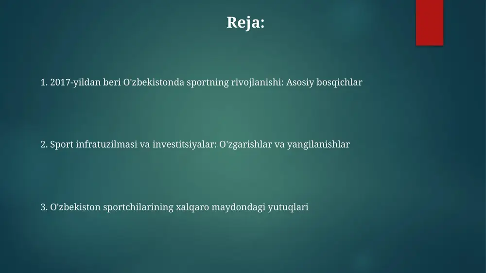 i natijalarni ko'rsatishga qaratilgan strategiyalar bilan belgilangan. o'zbekiston sportini rivojlantirish konsepsiyasi 2025 yilgacha sport infratuzilmasini takomillashtirish, shu jumladan, 100 dan ortiq zamonaviy sport majmualarini qurishni nazarda tutadi. e'tiboringiz uchun rahmat @taqdimot_robot image6.png image1.png image2.png image3.png image4.png image5.png