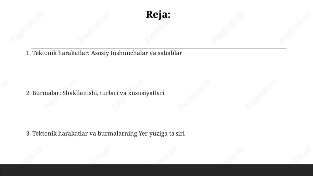 hosil bo'lishi natijasida yangi relyef shakllari paydo bo'lishi, 30% dan ortiq hududlarning iqlimiga ta'sir etadi va tabiiy landshaftning o'zgarishiga olib keladi. e'tiboringiz uchun rahmat @taqdimot_robot image1.png