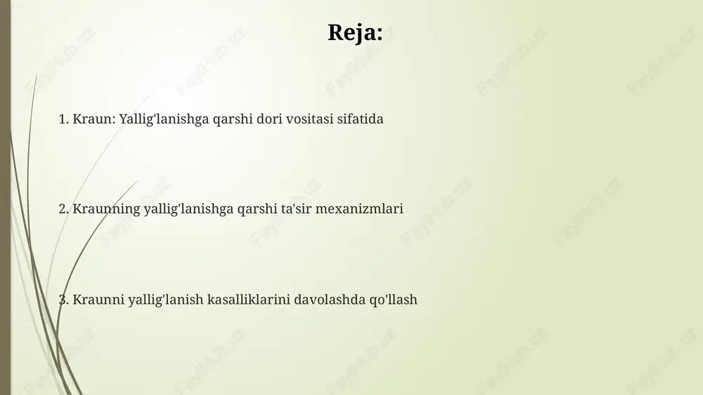 tsiya yo'lini inhibe qilib, yallig'lanishga qarshi ta'sir ko'rsatadi, bu esa kelajakda davolash uchun potentsialdir. kraun ekstrakti cox-2 fermentini selektiv tarzda ingibitsiya qilishi mumkin, bu esa nojo'ya ta'sirlarni kamaytirgan holda yallig'lanish mediatorlari prostaglandinlar sintezini pasaytiradi. e'tiboringiz uchun rahmat @taqdimot_robot image1.png