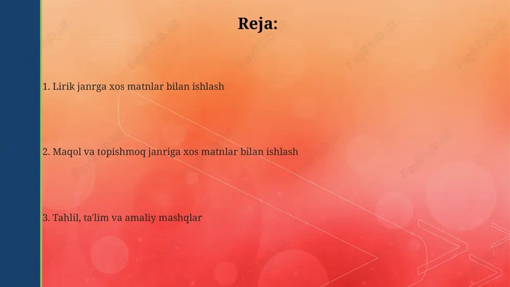 o'ladi, birinchi qismda vaziyat, ikkinchi qismda esa uning natijasi yoki xulosasi ifodalanadi. masalan, "mehnat qilsang, rohat ko'rasan". topishmoqlar tuzilishi qiyosiy tasvirlarga asoslangan: ularda narsa yoki hodisaning xususiyatlari yashirin tarzda ta'riflanadi, masalan, "o'zi kichik, bilimi katta" (kitob). maqollarning ma'nosi odatda hayotiy tajribalarga, axloqiy normalarga asoslangan; ular xalq donoligini ifodalaydi va ko'pincha ibratli xulosalardan iboratdir. lirik matnlarni yaratish usullari lirik matn yaratishda 4 ta asosiy element mavjud: 1) subyektivlik, 2) hissiy intensivlik, 3) musiqiylik va 4) shaxsiy kechinmalarni aks ettirishga e'tibor berish zarur. lirik matnlar yaratishda 1) hissiyotlarni aniq ifodalash, 2) obrazli tasvirlardan foydalanish va 3) ritm va qofiyaga e'tibor qaratish kabi 3 ta usul qo'llaniladi. lirik janrda 5 xil uslub mavjud: 1) balladalar, 2) odalar, 3) sonetlar, 4) elegiyalar va 5) qo'shiqlar, har biri o'ziga xos ritm va tuzilishga ega bo'ladi. maqol va topishmoqlarni o'rgatish metodlari o'quvchilarga maqol va topishmoqlarning 10 dan ortiq turli xil tematik to'plamlarini (masalan, mehnat, bilim) taklif …