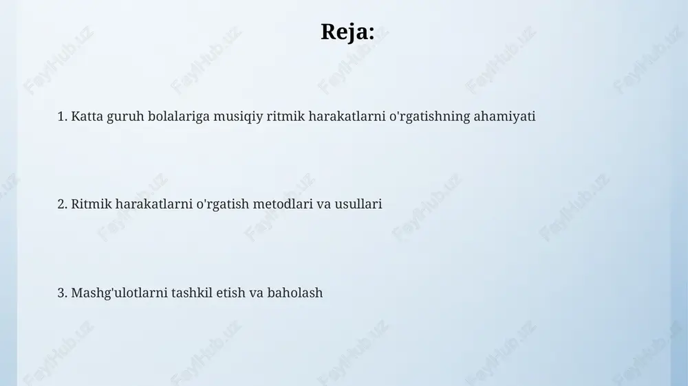 beradi. musiqiy ritmik harakatlarning ta'limiy ahamiyati musiqiy ritmik harakatlar 4-6 yoshdagi bolalarda koordinatsiyani rivojlantiradi, notalarning uzunligini (butun, yarim, chorak) anglash orqali raqs qobiliyatini oshiradi. ritmik harakatlar orqali bolalar 2/4, 3/4, va 4/4 kabi o'lchovlarni farqlashni o'rganadilar, bu esa musiqa tushunchalarini 3 baravar yaxshilaydi. musiqiy ritmik mashg'ulotlar bolalarning ijodiy qobiliyatini 1.5 baravar oshiradi, ularning 8 xil harakat kombinatsiyalarini yaratish imkoniyatini beradi. dars uchun materiallar va jihozlar rangli lentalar, sharflar va o'yinchoqlar (ayiqchalar, quyonlar) bolalarning harakatlarini vizual tarzda ifodalashga va harakatlarni aniq bajarishga imkoniyat yaratadi. ritmik harakatlar uchun musiqa asboblari (tamburinlar, qo'ng'iroqchalar, barabanlar) bolalarga turli ritmik naqshlarni, masalan, 4/4 taktni aniq his qilishga yordam beradi. musiqiy markaz yoki kompyuter, dinamiklar va turli xil musiqa janrlaridagi (vals, polka, marsh) bolalar qo'shiqlari bolalarning ritmik sezgirligini rivojlantirish uchun zarur. mashg'ulot tuzilishi va bosqichlari yakuniy qismda 1-2 ta tinchlantiruvchi o'yinlar o'tkaziladi, masalan, «quyon va ayiq» yoki «muzlagan raqs», mashg'ulotning umumiy davomiyligi 20-25 daqiqani tashkil etadi. mashg'ulot …