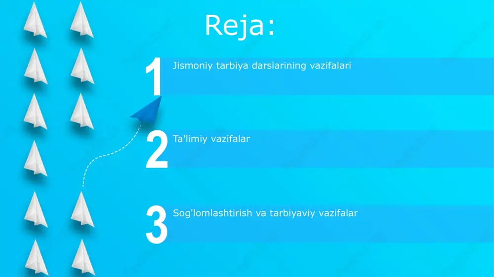 smoniy sifatlarni rivojlantirish jismoniy sifatlarni rivojlantirish, 6-18 yoshda tezlikni oshirish uchun takroriy 30-60 metrlik sprintlar muhim, bu mushak tolalarini faollashtiradi. chidamlilikni rivojlantirish uchun 20-30 daqiqalik yugurishlar yoki suzish mashqlari tavsiya etiladi, yurak-qon tomir tizimini mustahkamlash maqsadida. harakat ko'nikmalarini shakllantirish start harakat ko'nikmalarini shakllantirish, bola organizmining funksional imkoniyatlarini 6-7 yoshda 30-40% ga oshirishga yordam beradi, bu esa harakat bazasini mustahkamlaydi. sport mashqlarini takrorlash orqali 8-10 yoshdagi o'quvchilarning harakat sifatlari 2-3 barobar yaxshilanadi, bu esa muvofiqlashtirish qobiliyatlarini rivojlantiradi. nazariy bilim berish nazariy bilim berish, sportning fiziologik asoslarini o'z ichiga oladi, masalan, 180-220 yurak urish tezligining ta'siri va 5-10 daqiqalik mashqlarning ahamiyati. o'quvchilar 10-15 turdagi sport qoidalari va ularning o'ziga xos xususiyatlarini o'rganadilar, masalan, futbol qoidalarining 11 bandi va basketboldagi 3 soniyalik qoidalar. gigiena qoidalariga rioya qilishni o'rgatish gigiena qoidalariga rioya qilish orqali 80 foizgacha yuqumli kasalliklarning oldini olish mumkin, bu shaxsiy gigiena vositalaridan to'g'ri foydalanishni o'rgatishni talab etadi. jismoniy tarbiya mashg'ulotlarida ter …