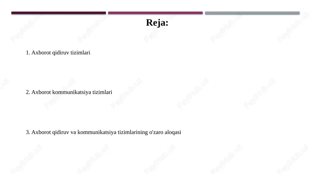 h uchun boolean modellari, vektor fazo modellari va ehtimollik modellari kabi usullarni ishlatadi. baholash metrikalari: aniqlik va toʻliqlik aniq'lik, tp / (tp + fp) formula bilan o'lchanadi, qanchalik to'g'ri topilgan natijalar ekanligini ko'rsatadi. 1.0 aniqlik faqat to'g'ri natijalarni qaytaradi. to'liqlik, tp / (tp + fn) formula orqali hisoblanadi, kerakli natijalarning qanchalik to'liq topilganini ifodalaydi. 0.8 to'liqlik kerakli 80% natijani topganini bildiradi. axborot kommunikatsiya tizimlari: ta’rif va vazifalar axborot kommunikatsiya tizimlari (akt) ma'lumotlarni yig'ish, qayta ishlash, saqlash va uzatish uchun mo'ljallangan texnik vositalar va dasturiy ta'minotlar yig'indisidan iborat kompleks tizimdir. akt vazifalari axborot resurslaridan samarali foydalanishni ta'minlash, masofadan turib o'qitish, telemeditsina, elektron hukumat xizmatlari kabi sohalarda 24/7 xizmat ko'rsatish imkoniyatini yaratadi. axborot kommunikatsiya texnologiyalari (akt) infratuzilmasi akt infratuzilmasi tarkibiga telekommunikatsiya tarmoqlari kiradi, jumladan 4g va 5g mobil aloqa, bu davlat xizmatlari va iqtisodiyot tarmoqlari uchun ma'lumot uzatish imkoniyatini ta'minlaydi. o'zbekistonda akt infratuzilmasini rivojlantirishda keng polosali internetga ulangan abonentlar sonini 2025-yilga borib …