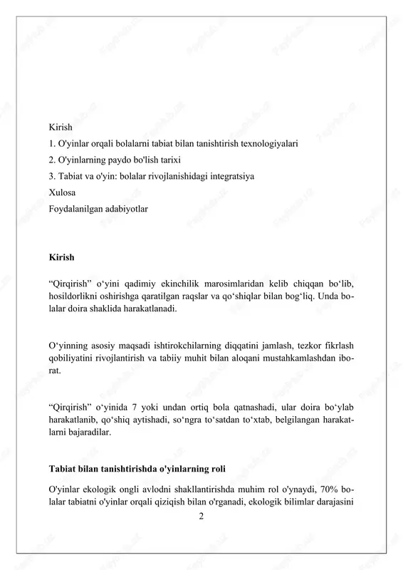 strategik fikrlashni rivojlantirgan va vaqtichog'lik vazi- fasini o'tagan. bolalarni tabiat bilan tanishtirishda texnologiyalar evolyutsiyasi 1980-yillarda kompyuter o'yinlari paydo bo'lishi bilan, bolalar virtual ekotizim- lar va biologik jarayonlar bilan oddiy simulyatsiyalarda tanisha boshladilar. 2000-yillarda gps va mobil texnologiyalar geoteglangan o'yinlar uchun imkoniyat yaratdi, bu bolalarni tashqariga chiqib, virtual qidiruvlar orqali tabi- atni kashf qilishga undadi. 4 hozirgi ar va vr texnologiyalari 3d interaktiv muhitni yaratadi, bu esa bo- lalarga yo'q bo'lib ketgan hayvonlarni kuzatish yoki ekotizimlarni boshqarishga imkon beradi. tabiat o'yinlarining turlari va tasnifi tabiat o'yinlari ikki turga bo'linadi: faol va passiv. faol o'yinlar harakatni talab qilsa, masalan, yugurish, sakrash, passiv o'yinlar esa kuzatuvchanlikka asoslanadi. ta'limiy tabiat o'yinlari 3 xil yo'nalishda bo'lishi mumkin: botanika (o'simlik- lar), zoologiya (hayvonlar) va ekologiya. ularning har biri tabiatni o'rganishga qaratilgan. tabiat o'yinlarini yoshga qarab tasniflash mumkin, masalan, 5-7 yoshdagi bo- lalar uchun sodda o'yinlar, 8-12 yoshdagilar uchun murakkabroq topshiriqlar mos keladi. ta'limiy o'yinlarning afzalliklari va …