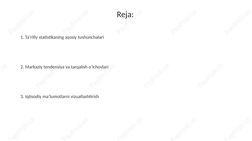 koʻrsatadi. ehtimollik asoslari ehtimollikning asosiy tushunchalaridan biri bu tasodifiy hodisa bo'lib, u muayyan sharoitlarda ro'y berishi yoki bermasligi mumkin (ehtimollik 0 dan 1 gacha). kombinatorika qoidalari, masalan, kombinatsiyalar (ncr) va o'rinlashtirishlar (npr), ehtimollikni hisoblashda, ayniqsa diskret hodisalarda muhim ahamiyatga ega. tasodifiy o'zgaruvchilar va taqsimotlar tasodifiy o'zgaruvchilar, diskret yoki uzluksiz bo'lishi mumkin, eksperiment natijasiga ko'ra qiymat qabul qiladi. masalan, tanga tashlash natijasida 0 yoki 1 qiymat olish mumkin. taqsimot funksiyasi, tasodifiy o'zgaruvchining ma'lum qiymatdan kichik yoki teng bo'lish ehtimolini ifodalaydi. normal taqsimotda, o'rtacha qiymat atrofida ma'lum standart og'ish mavjud. tanlash va tanlash taqsimotlari agar bosh to'plam normal taqsimlangan bo'lsa, unda tanlash taqsimoti ham normal bo'ladi, hatto namuna hajmi 10 dan kam bo'lsa ham; katta namunalarda markaziy limit teoremasi ta'sir qiladi. tanlash taqsimotlari olingan namunalar o'rtacha qiymatlari (x̄) taqsimotini ko'rsatadi, bu esa bosh to'plamdan olingan har xil 30 ta namunaning o'rtacha qiymatlarining o'zgarishini baholashga yordam beradi. intervalni baholash interval baholash statistik parametrlarning …