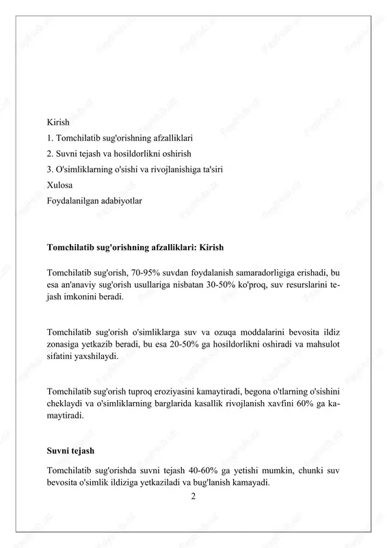 dan samarali foydalanish tuproq unumdorligini oshiradi, bu esa 15-20% gacha yuqori hosil olish imkonini beradi va dehqonlarning daromadini ko'payti- radi. o'g'itlarni to'g'ri qo'llash atrof-muhitga ta'sirni kamaytiradi, ayniqsa nitratlar bi- lan ifloslanishni oldini oladi, optimal miqdor 30-40 kg/ga. 4 o'g'itlarni o'simliklarning ehtiyojiga mos ravishda qo'llash (masalan, fosfor va kaliyni ildiz otish davrida), 25-35% gacha o'simlik o'sishini tezlashtiradi. begona o'tlarning kamayishi begona o'tlarning kamayishi tomchilatib sug'orishda suv faqat ekin ildiziga yo'naltirilgani uchun, boshqa joylarda namlik yetishmaydi va o't o'sishi qiyin- lashadi. tomchilatib sug'orishda mineral o'g'itlar (masalan, azot 10-20 kg/ga) suv bilan birga beriladi, bu esa o'simliklarning o'sishini tezlashtiradi va begona o'tlarning resurs uchun raqobatini susaytiradi. ushbu usul yuzaki namlikni kamaytirib, begona o'tlarning urug'lari unib chiqishini qiyinlashtiradi. ayniqsa, 0-5 sm qatlamdagi suv miqdori kamayishi o'tlar o'sishiga salbiy ta'sir qiladi. kasalliklar va zararkunandalarga qarshi kurash drip irrigation kamroq namlikni ta'minlaydi, bu esa qo'ziqorin kasalliklari rivo- jlanishi uchun noqulay sharoit yaratadi, masalan, *phytophthora* va *pythium* …