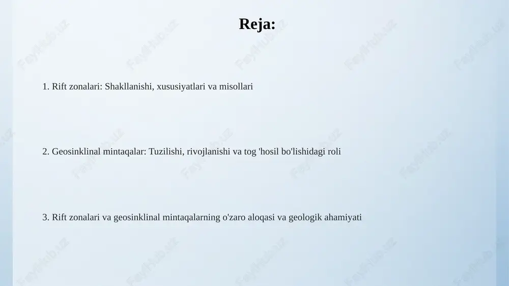 oshganda, rif zonalarining paydo bo'lishiga zamin yaratishi mumkin. rift zonalarining vulkanik faolligi geosinklinal havzalarga materiallar, jumladan, turli xil minerallar va organik moddalar bilan boyitilgan 1 million tonnadan ortiq tog 'jinslarini yetkazib berishi mumkin. e'tiboringiz uchun rahmat @taqdimot_robot slide 1 slide 2 slide 3 slide 4 slide 5 slide 6