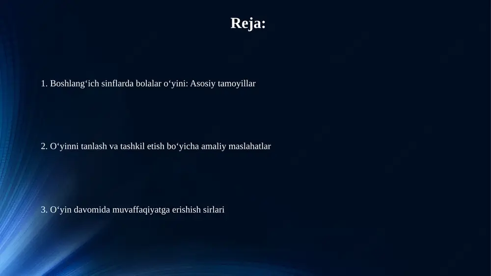aki ko'ngil ochish. 5-sinf o'quvchilari uchun bu maqsadlar o'yin natijasini belgilaydi. o'yin qoidalarini sodda va tushunarli qilib tuzing. 1-3 ta asosiy qoidaga e'tibor qarating, shunda bolalar tezda o'rganib, o'yinga kirishib ketishadi. qoidalar tushuntirilishi qoidalarni tushuntirishda 3-5 ta asosiy qoidaga e'tibor qarating; qisqa, aniq iboralar bilan gapiring, masalan, 'chiziqdan o'tmang' yoki 'navbatingizni kuting'. qoidalarni tushuntirish jarayonida, agar zarur bo'lsa, 2-3 ta misol keltiring; bu misollar qanday harakat qilish kerakligini va qanday harakat qilish mumkin emasligini ko'rsatishi kerak. o'yinni tashkil etish o'yinni tashkil etishda 3-sinf o'quvchilarining qiziqishini inobatga oling, ularning diqqat konsentratsiyasi taxminan 20-25 daqiqa davom etadi, shuning uchun o'yinni shu vaqt oralig'ida tugating. o'yin qoidalarini 1-2-3 qadamlar bilan sodda tilda tushuntiring, har bir qadamni namoyish qiling, shunda o'quvchilar 90% tushunib, muammosiz o'ynashlari mumkin. o'yin jarayoni o'yin jarayonida 2-4 qoidalar majmui bo'lishi kerak, bular o'yinchilarning harakatlarini yo'naltiradi va adolatli raqobatni ta'minlaydi, hamda xavfsizlikni kafolatlaydi. o'yin vaqtida, masalan, 10-15 daqiqa davomida, dinamiklikni saqlash …