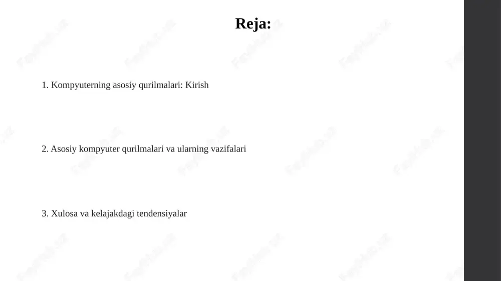 nlaydi. qurilmalar o'zaro aloqasi 10 gigabit ethernet kabi yuqori tezlikdagi tarmoq texnologiyalari orqali amalga oshiriladi, bu ma'lumotlarni tez va samarali uzatish imkonini beradi. bu katta hajmdagi fayllarni qisqa vaqt ichida almashishga yordam beradi. usb 3.2 gen 2x2 interfeysi 20 gbps gacha bo'lgan ma'lumot uzatish tezligini ta'minlaydi, bu tashqi xotira qurilmalari va kompyuter o'rtasida tezkor aloqani o'rnatish uchun juda muhim. bu katta video fayllarni tez ko'chirishga imkon beradi. e'tiboringiz uchun rahmat @taqdimot_robot image1.png