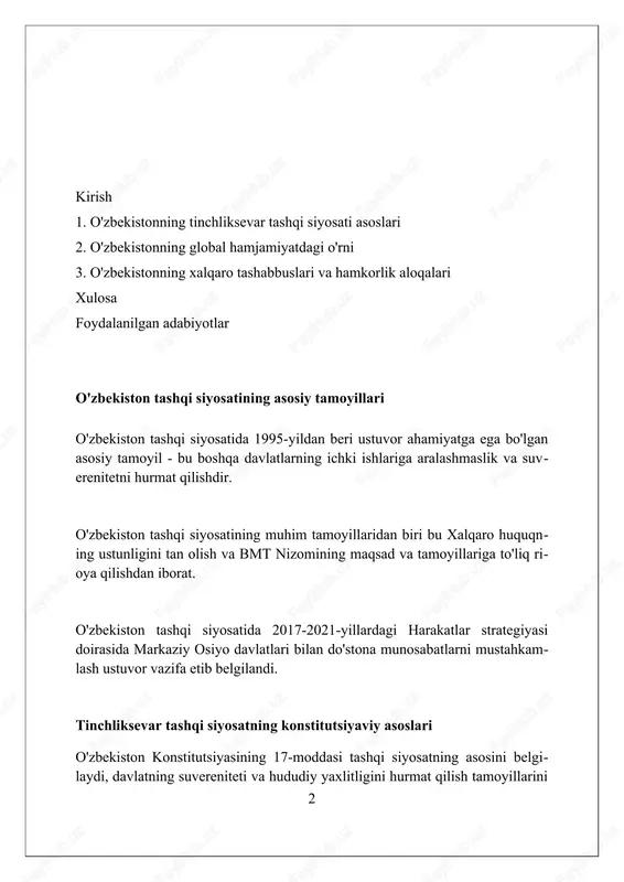 va energetika resurslaridan oqilona foydalanish bo'yicha kon- struktiv muzokaralar olib borishga intiladi, bu esa barqarorlikni ta'minlaydi. o'zbekiston va mdh: hamkorlik istiqbollari o‘zbekistonning mdhdagi faol ishtiroki savdo-iqtisodiy aloqalarni mustahkam- lashga qaratilgan bo‘lib, 2023-yilda tovar ayirboshlash hajmi 10 milliard aqsh dollaridan oshishi kutilmoqda. mdh doirasida transport va kommunikatsiya sohasidagi hamkorlik o‘zbekiston uchun muhim ahamiyatga ega, chunki u tranzit salohiyatini oshirish va yangi logistika yo‘nalishlarini yaratishga imkon beradi. 4 o‘zbekiston mdhning madaniy-gumanitar sohadagi dasturlarini qo‘llab-quv- vatlaydi, bu esa o‘zbek xalqining boy merosini saqlash va mdh davlatlari o‘rtasida madaniy almashinuvni rivojlantirishga yordam beradi. o'zbekistonning xalqaro tashkilotlardagi ishtiroki (bmt, shht, va boshqalar) o'zbekiston 1992-yilda bmtga a'zo bo'lib, barqaror rivojlanish maqsadlariga (sdgs) erishishda faol ishtirok etadi, 2030 yilgacha bo'lgan kun tartibini milliy dasturlarga integratsiya qiladi. shht doirasida o'zbekiston xavfsizlik, iqtisodiy hamkorlik va madaniy al- mashinuvlarni rivojlantirishga qaratilgan ko'p tomonlama tashabbuslarni qo'llab-quvvatlaydi, jumladan, mintaqaviy loyihalarni amalga oshirish. o'zbekiston mdhning muhim a'zosi sifatida savdo-iqtisodiy aloqalarni mus- tahkamlashga, shuningdek, …