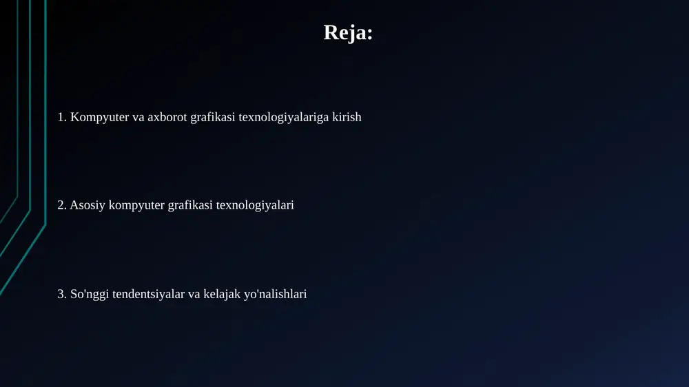 , masalan, 24 bitlik rang chuqurligi 16 milliondan ortiq rangni ko'rsatadi. rasterli grafikalar rasmning aniqligi o'lchami (dpi) bilan belgilanadi, ya'ni bir dyuymdagi nuqtalar soni. yuqori dpi rasmning sifatini oshiradi, lekin fayl hajmini ham oshiradi, misol uchun 300 dpi ideal bosma sifatni ta'minlaydi. vektorli grafika vektorli grafikada tasvirlar geometrik primitivlar, masalan, nuqtalar, chiziqlar, egri chiziqlar va ko'pburchaklar yordamida yaratiladi, bu ularga 100% sifat yo'qotmasdan kattalashtirish imkonini beradi. vektorli grafika fayllari rasterli fayllardan ko'ra kichikroq bo'lishi mumkin, chunki ular har bir piksel uchun rang ma'lumotlarini saqlamaydi, balki matematik tenglamalar orqali shakllarni aniqlaydi. 3d modellashtirish 3d modellashtirishda ko'pburchakli modellash keng qo'llaniladi, bunda ob'ektlar yuzalar to'plami bilan ifodalanadi, masalan, 3 ta nuqtadan tashkil topgan uchburchaklar orqali hosil qilingan poligonlar. nurbs (non-uniform rational b- splines) modellash egri chiziqlar va sirtlarni aniq ifodalash imkonini beradi, bu esa avtomobilsozlik va aerokosmik sanoat kabi sohalarda muhim ahamiyatga ega, ko'plab imkoniyatlar taqdim etadi. renderlash usullari renderlash usullari 3d modellarni …