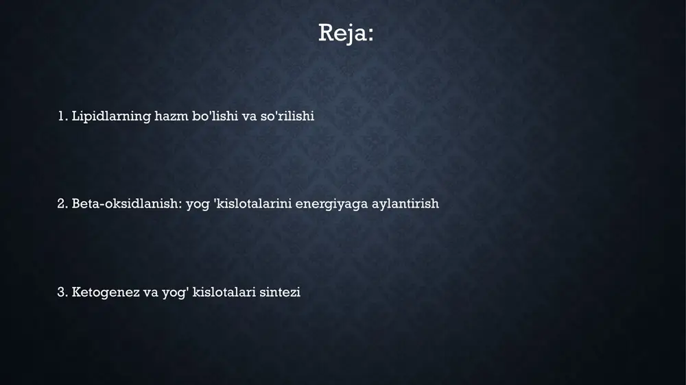 dir. yog 'kislotalari biosintezi asosan sitozolda amalga oshiriladi, u yerda atsetil-koa molekulalari malonil-koa ga aylanadi va yog 'kislotasi sintaza kompleksi orqali uzaytiriladi. e'tiboringiz uchun rahmat @taqdimot_robot slide 1 slide 2 slide 3 slide 4 slide 5 slide 6