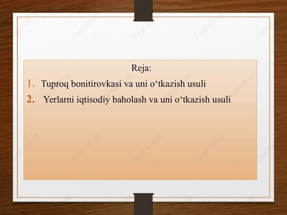 ko‘rsatkichlari uning tabiiy - iqtisodiy sharoitlariga mos ravishda hisobga olinadi. ularning o‘zaro bog‘liqligi shundan iboratki, tuproqlarni bonitirovka qilish natijalari yerlarni iqtisodiy baholashda asos sifatida olinadi. qayd qilish zarurki, respublikamiz iqtisodiyot tarmoqlarida, jumladan qishloq xo'jaligida bozor munosabatlarini rivojlanib borayotganligi mavjud yer maydonlarini iqtisodiy jihatdan me’yoriy baholash zaruriyatini tug‘dirdi. qishloq xo‘jalik yerlarini me’yoriy baholash natijalari asosan shirkat xo‘jaliklarini fermer xo‘jaliklariga aylantirish, yer solig‘i stavkalarini aniqlash, belgilangan me’yorda ajratilganidan tashqari qishloq joylarida uy-joy qurish va dehqon xujaligiga yer berish, bank tomonidan kredit berish, yer uchastkalarini kim oshdi savdosi (auksionlar) orqali sotish uchun boshlang‘ich bahosini belgilash hamda qonunda ko‘zda tutilgan boshqa hollar uchun qo‘llaniladi qishloq xo'jaligi ekin maydonlarining normativ qiymatini aniqlash o'zbekiston respublikasi vazirlar mahkamasining 2014 yil 18 avgustdagi 235-sonli “qishloq xo'jaligi ekin maydonlarining normativ qiymatini aniqlash tizimini takomillashtirish to'g'risida”gi qarori bilan tasdiqlangan “qishloq xo'jaligi ekin maydonlarining normativ qiymatini aniqlash tartibi to'g'risida nizom”ga asosan “qishloq xo'jaligi ekin maydonlarining normativ qiymatini aniqlash ishlari har bir …