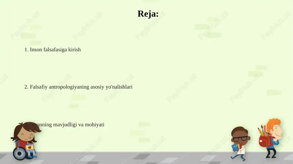 immati, uning erkinligi va ijodiy salohiyati. pico della mirandola buni o'z asarlarida ta'kidlagan. renessans davri insonparvarlik fikrlari, leonardo da vinchi kabi universal shaxslar orqali ilm-fan, san'at va texnologiyaning gullab-yashnashiga katta ta'sir ko'rsatdi. yangi davr falsafasida inson muammosi dekartning 'men o'ylayman, demak men borman' degan mashhur g'oyasi, inson ongining mustaqilligini ta'kidlab, 1637 yilda yangi davr falsafasida paydo bo'ldi. yangi davr falsafasida insonning rolini aniqlash uchun 17-18-asrlarda ratsionalizm va empirizm kabi 2 ta yirik oqim rivojlandi. lokkning 'tabula rasa' konsepsiyasi 1690 yilda inson ongining tug'ilganda bo'sh taxta ekanligini va tajriba orqali shakllanishini ilgari suradi. ekzistensializmda inson ekzistensializmda absurd tushunchasi muhim: inson 0 nuqtadan boshlab ma'nosiz olamda yashaydi va o'zi 1 dan cheksizgacha ma'no yaratishi kerak. ekzistensializmda inson mohiyatdan avval keladi, shuning uchun 1-navbatda u oʻz mavjudligini his qiladi, keyin esa 2-bosqichda oʻzligini yaratadi. inson 100% erkinlikka ega va shuning uchun o'z hayoti, tanlovi uchun butunlay javobgardir, bu esa og'ir yuk (mas'uliyat) yuklaydi. …
