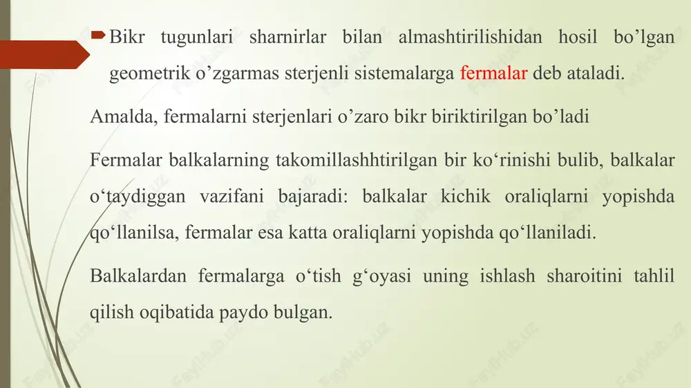 ning ikki tuguni orasi panel deyiladi. panel oraligi d bilan ustun hovon belgilanadi. fermaning tayanchlari orasidagi masofa oraliq deb ataladi va l bilan belgilanadi. ferma geometrik o’zgarmas bo’lishi uchun, sterjenlari bilan tugunlari orasidagi bog’lanishni aniqlaymiz. inshootlarning kinematik tahlilida keltirilgan ta’rifga asosan, sistema geometrik o’zgarmas, statik aniq bo’lishi uchun uning erkinlik darajasi nolga teng bo’lishi kerak w = 2t – s – st = 0, t-tugunlar son s-ichki sterjinlar soni st-tayanch sterjinlar soni agar uchburchak shaklidagi sterjen sharnirli birikmaga har bir keyingi sharnir bir to’g’ri chiziqda yotmagan ikki sterjen yordamida ulangan bo’lsa, hosil bo’lgan ferma geometrik o’zgarmas oddiy ferma deyiladi. fermalar quyidagi belgilariga qarab turlarga bo‘linadi:  1. fermalar tashqi konturining ko‘rinishiga qarab  a)uchburchak shaklli  b)parallel belbog‘li  v) poligonal shaklli bo‘lishi mumkin. fermalar panjaralarining tuzilishiga ko‘ra quyidagilarga bo‘linadi: uchburchak panjarali a)oddiy hovon panjarali b)yarim hovon panjarali v) ikki hovon panjarali g) ko‘p panjarali fermalar. a) b) v) g) …