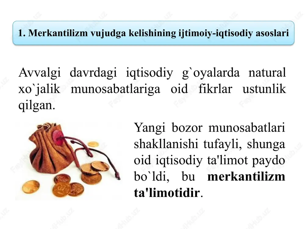 y ta'limotining mohiyati m e r k a n t i l i z m n i n g b i r i n c h i d a v r i – m o n e t a r , y a ' n i o l t i n v a k u m u s h p u l l a r t o ` p l a s h b i l a n b o g ` l i q . b u n d a p u l b a l a n s i s i y o s a t i o l i b b o r i l g a n , c h e t d a n i m k o n i b o r i c h a k a m t a y y o …