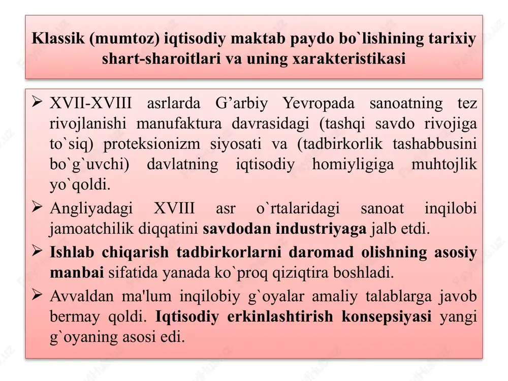 nufaktura klassik (mumtoz) iqtisodiy maktab paydo bo`lishining tarixiy shart-sharoitlari va uning xarakteristikasi  uy hunarmandchiligi: hamma asosiy ishlar bir odam yoki oila tomonidan bajariladi (xomashyoni tayyorlash, qayta ishlash, sotish...), unda aniq mehnat taqsimoti yo`q.  manufaktura (manu - qo`l, facture - tayyorlash) mehnat taqsimoti, kooperatsiya, yollanma ishchi kuchi, demak, kapitalistik ishlab chiqarishning asosi paydo bo`ldi.  ko`plab dehqonlarni yerdan mahrum bo’lishi, ularni zo`rlik yo`li bilan yollanma mehnatga jalb etilishi ijtimoiy ziddiyatni kuchaytirdi.  1641-1660 yillarda angliyada inqilob bo`lib o`tdi. klassik (mumtoz) iqtisodiy maktab paydo bo`lishining tarixiy shart-sharoitlari va uning xarakteristikasi  angliyadagi feodal jamiyatga chek qo`ydi.  angliya respublika deb e'lon qilindi.  parlament vujudga keldi, demokratik jarayon kuchaydi.  gollandiya, keyinchalik fransiya ustidan dengizda erishilgan g`alaba tufayli angliya jahondagi eng yirik va kuchli dengiz davlatiga aylandi. klassik (mumtoz) iqtisodiy maktab paydo bo`lishining tarixiy shart-sharoitlari va uning xarakteristikasi  xalq xo`jaligining yuksak rivoji ilmiy kashfiyotlarni taqozo etdi.  bu davrda …