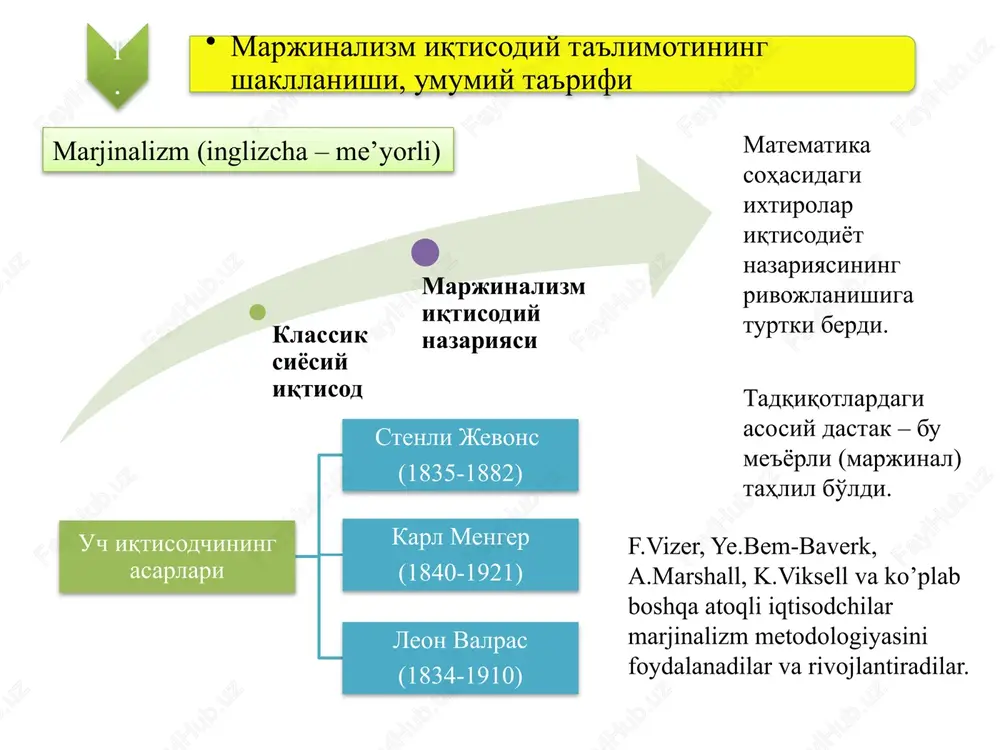 i, umumiy ta'rifi klassik iqtisodiy nazariya: ishlab chiqarish va taklifni tadqiq etdi. marjinalistlar: iste'mol va talabni tahlil qildi. marjinalistlar iqtisodiy jarayonlarni tahlil qilishni kishilarning ehtiyojini o'rganishdan, buyumning foydalilik mezonini qidirishdan boshladilar. klassiklar • tovar qiymatini (qimmatni) uni ishlab chiqarishga ketgan xarajatlar bilan aniqlagan. marjinalistlar • tovar qimmati asosida ikki omil – foydalilik va buyumlarning kamyobligi yotadi deb hisobladilar. a.smitning buyumning qiymatini (qimmatini) foydalilik bilan aniqlash mumkin emas, negaki hayotda eng foydali bo'lgan havo va suvning qiymati yo'q, degan «smitcha ziddiyat»ga barham berildi. «hech bir narsa suvdan ko'ra foydali emas, - deb yozadi a.smit, - lekin unga u – bu narsani sotib olish amri mahol… brilliant esa, aksincha, uni bevosita foydalanish nuqtai nazardan nihoyatda qimmati kam, ammo unga juda katta miqdordagi boshqa tovarlarni olish mumkin». marjinalistlarning aytishicha, haqiqatan ham, havo yoki suvning umumiy foydaliligi brilliantning umumiy foydaliligidan tasavvur qilib bo'lmaydigan darajada ko'p. lekin havo va suvga qaraganda qimmatli toshlar ancha kamyob. …