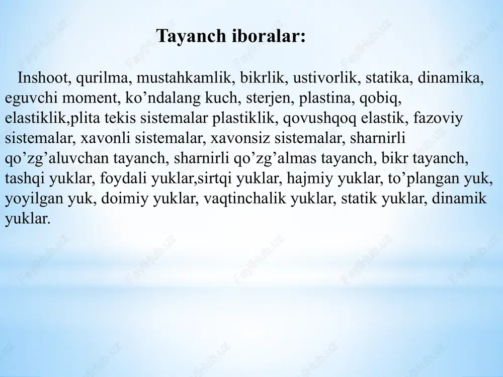 niq hisoblashdan iborat, bu ko’pchilik hollarda katta hajmdagi hisob-kitoblarni talab etadi. shuning uchun bu ishlarni bajarishda zamonaviy ehmlaridan foydalanish beqiyos ahamiyat kasb etadi. qurilish konstruksiyasi muhandislik fanlarining asosi bo‘lib, u quruvchi muhandislarga inshoot va uning elementlarini tejamli, mustahkam, chidamli va muqobil shakllarini topib, loyihalash va qurishni o‘rgatadigan fandir. demak, qurilish konstruksiya fani inshootlarning va konstruksiyalarning mustahkamligi, bikrligi va ustuvorligini hisoblash usullari to‘g‘risidagi fandir. 1.statik aniq sistemalarni hisoblash- bo’limida inshootlarni kinematik tahlili, statik aniq ko’p oraliqli sharnirli to’sin va ramalarni hisoblash, ta’sir chiziqlari nazariyasi, statik aniq tekis fermalarni doimiy va harakatlanuvchi yuklarga hisoblash, uch sharnirli sistemalarni doimiy va harakatlanuvchi yuklarga hisoblash, elastik sistemalarini ko’chishlarini aniqlash, sistemalarni matrisalar bilan hisoblash, va yuqorida keltirilgan sistemalarni hisoblashga doir ko’pgina misollar yechib ko’rsatilgan. qurilish mexanikasi muhandislik fanlarining asosi bo‘lib, u quruvchi muhandislarga inshoot va uning elementlarini tejamli, mustahkam, chidamli va muqobil shakllarini topib, loyihalash va qurishni o‘rgatadigan fandir. yangi loyihalanayotgan inshootlarni mustahkamlikka hisoblashdan maqsad, ularni …