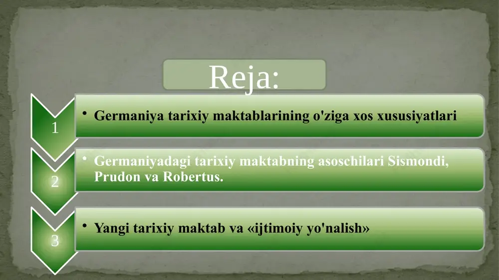 ojlantirishga intildi, balki endi rivojlanayotgan davlatning iqtisodiiy siyosatini tubdan o'zgartirishga harakat qildi. uning milliy xo'jalik sistemasi ilg'or nemis burjuaziyasi manfaatlarini ifoda etib, industrial rivojlanish yo'llarini izladi. germaniyadagi tarixiy maktabning asoschilari sismondi, prudon va robertus. jan sharl leonardi simond leonard de sismondi (1773-1842) shveytsariyada tug’ilgan, frantsuz klassik iqtisodini nihoyasiga yetkazuvchi va ayni vaqtda mayda siyosiy iqtisodning asoschilaridan biridir. u mo’’tabar protestant pastor oilasida tug’ilib voyaga yetdi. protestantlar kollegiyasini bitirib chiqdi, jeneva universitetida o’qidi, siyosat bilan unchalik ko’p vaqt shug’ullangani yo’q, frantsiya ma’naviy va siyosiy fanlar akademiyasining a’zosi etib saylandi. s.sismondi iqtisod va tarix fanlari sohasida katta ishlarni amalga oshirib, boy ilmiy-adabiy meros qoldirdi. «toskani qishloq xo’jaligining ko’rinishi» (1801 y), «savdo boyligi yoki siyosiy iqtisod tamoyillari va ularning savdo qonunchiligida qo’llanishi to’g’risida» (1803 y.), «italiya respublikalirining» (1807 y.). 1818 yilda esa «edimburg entsiklopediyasi» uchun «siyosiy iqtisod» maqolasini tayyorladi, lekin «siyosiy iqtisodning yangi ibtidolari yoki boylikning aholi nufusiga munosabatlari to’g’risida» (1819y.) kitobining nashr …