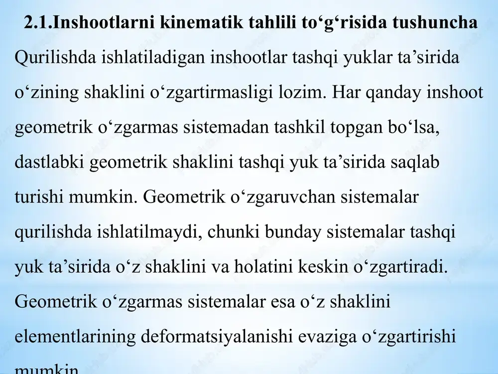 tushunchalari d i s k – har qanday geometrik o'zgarmas tekis sitema (sterjen, plastinka, balka va fermalarni disk deb qabul qilish mumkin), shakli va holatining o'zgarishi faqatgina material deformasiyasi tufayligina sodir bo'lishi mumkin. t a ya n ch l a r – inshootlarni asos bilan biriktiruvchi va ularning ko'chishini cheklovchi qurilmalar. e r k i n l i k d a r a j a s i – har qanday yassi jism yoki yassi jismlar sistemasining tekislikda olgan o'rnini to'la aniqlab beruvchi, bir – biriga bog'liq bo'lmagan geometrik parametrlar miqdori. d i s k t u sh u n ch a s i a, b, d, e, f – bir elementdan iborat disklar (a, b, d – sterjenlar (tekislikda to'g'ri, egri va siniq o'qli) yoki fazoviy; e – disk- plastinka; f – disk-qobiq); g, h, i, j, k – bir necha elementlardan tuzilgan disklar (g, h, i – bir xil …