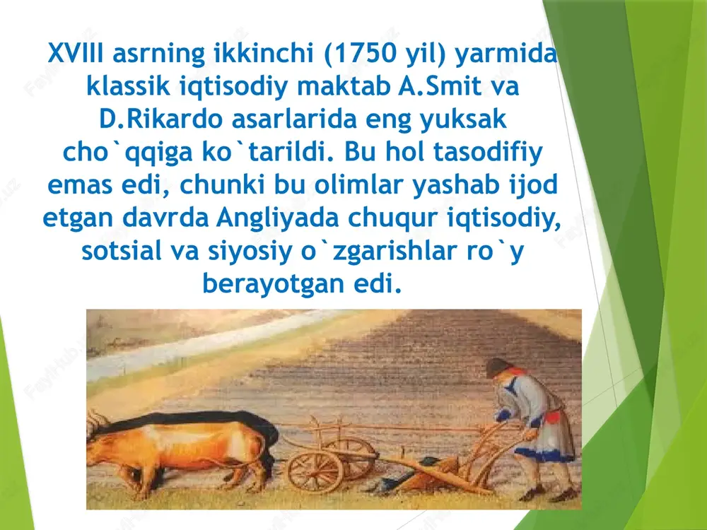 qishloq xo`jaligi va xizmat ko`rsatish sohalari) boylikning asosi deb bildi. 4.1. a.smit manufaktura davrining iqtisodchi nazariyotchisi 4.1. a.smit manufaktura davrining iqtisodchi nazariyotchisi 1733 yilda j.hargrivs o'z qizining nomi bilan atagan «jenni» mexanik to'quv dastgohini mexanik k.vud uni 1772 yilda takomillashtirdi 1783 yilda esa s.krompton «myul-mashina»ni yaratdi 1785 yilda e.kartrayt mexanik to'quv stanogini ijod qildi r.arkraydning to'quv mashinasi bu sohaning unumdorligini keskin oshirdi to'qimachilik sohasida j.key to'quv mokisi sanoat inqilobi to'qimachilik sohasida 4.1. a.smit manufaktura davrining iqtisodchi nazariyotchisi 4.1. a.smit manufaktura davrining iqtisodchi nazariyotchisi 1805 yilda bug' kemasi-paroxod yaratildi 1811 yilda j.stefenson parovoz yasadi 1830 yilda esa manchester-liverpul temir yo'li qurildi yuklarni tashish samaradorligi oshirdi 1782 yilda j.uatt tomonidan ishlab chiqilgan bug' mashinasi energetika va transport sohasida adam smit (1723-1790) o'zining birinchi «ahloqiy hissiyot nazariyasi» kitobi 1759 y. «xalqlar boyligining tabiati va sabablari to'g'risidagi tadqiqot» asari 1776 y. mart 4.1. a.smit manufaktura davrining iqtisodchi nazariyotchisi a. smitning «xalqlar boyligining tabiati va …