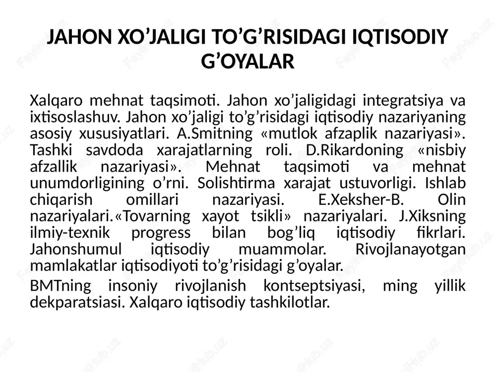 , a.marshall (yuqorida ular bilan tanishganmiz.) j.vayner, g.xaberler, g.jonson, p.samuelson va boshqalar bu sohada barakali ijod qildilar. a.smit tomonidan mutloq afzallik prinsipi ishlab chiqilgan, unga ko`ra, eng kam xarajat talab etuvchi tovarlar ishlab chiqarish va eksport qilish samaralidi va aksincha. klassik iqtisodiy maktab vakili d.rikardo birinchilardan bo`lib mehnat taqsimoti faqat ayrim ishlab chiqarish sohasidagina emas(a.smit fikri), balki xalqaro ko`lamda ham obyektiv zarurat ekanligini isbotlab berdi.olimning fikri shundan iboratki, prinsipial jihatdan qaralsa, har bir davlat o`ziga kerakli barcha narsani (tovarlarni) ishlab chiqarishi mumkin, ammo bu iqtisodiy jihatdan qanchalik to`g`ri, degan savol tug`iladi. solishtirma xarajatlar prinsipi ham barcha mamlakatlar uchun tegishlidir va qaysi mahsulotni ishlab chiqarish va eksport qilish muammosi hal etilganda hisobga olinishi shart. shu sababli ayrim davlatlarda u yoki bu soha "mustaqilligi" uchun kurash e'lon qilinganda bu omil albatta yaxshi o`rganib chiqilishi maqsadga muvofiqdir.(d.rikardo ta'limoti yuqori boblarda to`la berilgan). neoklassik, ya'ni "sof" iqtisodiyotni targ`ib etuvchilar xalqaro mehnat taqsimotining rivoji va …