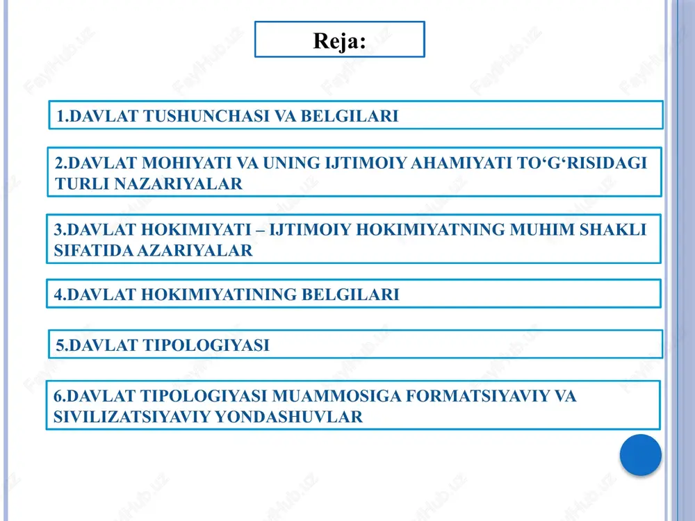 jassamlashtirishi lozim. xx asrning 50-60-yillar d.gelbreyt, r.aron, p.sorokin konvergensiy a nazariyasi 3.davlat hokimiyati – ijtimoiy hokimiyatning muhim shakli sifatida davlat hokimiyati - bu davlat majburlov kuchiga tayanadigan, subyektlar o‘rtasida hukmronlik va tobelikka asoslanadigan ommaviy-siyosiy munosabatlar tizimidir. 4. davlat hokimiyatining belgilari 1. hokimiyat ijtimoiy hodisa hisoblanadi. 3. hokimiyatning eng muhim belgilaridan biri, bu uning muayyan kuchga egaligidadir. bunday kuch turli xil shaklda bo‘lishi mumkin, ya’ni jismoniy kuch, harbiy kuch, avtoritet kuchi, ishonch, estetik ta’sir va b. 2. hokimiyat munosabatlari ikki tomonlama ko‘rinishga ega bo‘lib, uning muayyan bir subyekti hokimiyat subyekti bo‘lsa, ikkinchi tomoni esa hokimiyatga bo‘ysunuvchi subyekt hisoblanadi. 4. hokimiyat jamiyat rivojlanishining barcha bosqichlariga xos bo‘lgan hodisadir. davlat hokimiyatining belgilari 5. hokimiyat faqat ijtimoiy munosabatlar doirasidagina amalda bo‘ladi. 5. davlat tipologiyasi davlat ning tipi – muayyan davlatlarga xos bo‘lgan bir xil, muhim va umumiy belgilar yig‘indisidir. 6.davlat tipologiyasi muammosiga formatsiyaviy va sivilizatsiyaviy yondashuvlar davlatning tiplari formatsion yondashuv sivilizatsion yondashuv qadimgi sharq …