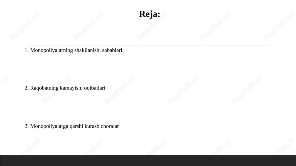 bu esa ijtimoiy farovonlikning pasayishiga olib keladi. masalan, narxlar 15% ga oshishi mumkin. monopoliyalar innovatsiyalarga bo'lgan rag'batni kamaytiradi, chunki raqobat yo'q. bu texnologik taraqqiyotning sekinlashishiga olib kelishi mumkin, 5 yillik o'sish 2%ga kamayishi mumkin. raqobatni cheklash usullari narxlarni sobit qilishda, kompaniyalar o'zaro kelishib, mahsulot yoki xizmat narxini sun'iy ravishda oshirib, raqobatni kamaytiradi. bu yerda 2 yoki undan ortiq kompaniya ishtirok etadi. bozorni taqsimlashda, kompaniyalar geografik hududlar yoki mijozlar segmentlari bo'yicha kelishib oladi, har bir kompaniya o'z hududida eksklyuziv huquqqa ega bo'ladi, bu esa raqobatni susaytiradi. monopoliyaga qarshi kurash siyosati monopoliyaga qarshi kurash siyosati resurslarning samarali taqsimlanishini taʼminlash, isteʼmolchilar huquqlarini himoya qilish va innovatsiyalarni ragʻbatlantirish maqsadida davlat tomonidan amalga oshiriladi. oʻzbekistonda monopoliyaga qarshi kurash siyosati monopoliyaga qarshi organning faoliyati, raqobat muhitini rivojlantirish dasturlari va qonunchilik bazasi orqali amalga oshiriladi. o'zbekistonda monopoliyaga qarshi qonunchilik o'zbekistonda monopoliyaga qarshi qonunchilik 2012-yil 6-yanvarda qabul qilingan «raqobat to'g'risida»gi qonun bilan tartibga solinadi va u monopolistik faoliyatga …