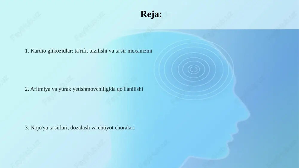 shi, vazni, buyrak funksiyasi va kasallikning og'irligiga qarab individual ravishda belgilanadi. odatda, yuklama dozasi 0.5-1.5 mg bo'lib, bir necha dozaga bo'linadi, saqlash dozasi 0.125-0.375 mg ni tashkil qiladi. e'tiboringiz uchun rahmat @taqdimot_robot slide 1 slide 2 slide 3 slide 4 slide 5 slide 6