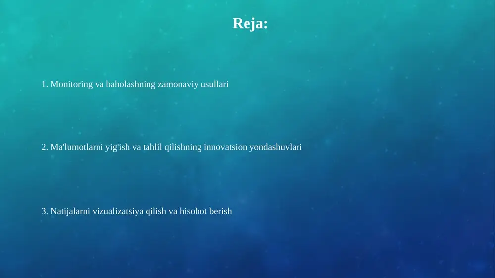 adlarning qanday bog'langanligini vizual tarzda ko'rsatuvchi vositadir. u xarajatlar, faoliyatlar, natijalar va ta'sirlarni aniqlashda yordam beradi, bu esa 4-bosqichda resurslarni to'g'ri taqsimlash va baholash uchun muhim ahamiyatga ega. o'zgarishlar nazariyasi o'zgarishlar nazariyasi (theory of change) – bu 1-bosqichdan yakuniy maqsadgacha bo'lgan bog'liqlikni aniq ifodalovchi, natijalarni xaritalashning muhim usulidir. ushbu nazariya, odatda, 3-5 yil ichida erishiladigan oraliq natijalarni belgilab, loyihaning uzoq muddatli ta'sirini baholash uchun asos yaratadi. natijalarga asoslangan monitoring natijalarga asoslangan monitoring (nbm) dastur maqsadlariga erishish darajasini baholash uchun aniq ko'rsatkichlar, maqsadlar va natijalarga e'tibor qaratadi, masalan, 80% maqsadga erishish. nbm doirasida ma'lumotlar yig'ish usullari kantitativ (so'rovlar, statistika) va sifat (intervyular, fokus-guruhlar) ma'lumotlarini o'z ichiga oladi, ularning kombinatsiyasi 75% ishonchlilikni oshiradi. raqamli monitoring va baholash raqamli monitoring va baholash 4.0 texnologiyalari yordamida real vaqt rejimida ma'lumotlarni yig'ishni ta'minlaydi, bu esa tezkor qarorlar qabul qilish imkonini beradi. sun'iy intellekt va katta ma'lumotlar tahlili 5- bosqichdagi raqamli m&e usullari orqali loyihaning samaradorligini …
