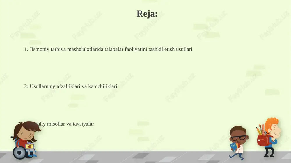 h intensivligini moslashtirishni o'z ichiga oladi. bu usul individual qobiliyatlarga asoslangan holda vazifalarni murakkablashtirishni anglatadi, masalan, 5 metrga yugurishni 10 metrga oshirish orqali yuklamani asta-sekin ko'paytirish. noan'anaviy usullar noan'anaviy usullar 2-3 ta o'yinni birlashtirib, yangi musobaqa yaratishni o'z ichiga oladi; bu kreativlikni oshiradi hamda 70% jismoniy faollikni ta'minlaydi. jismoniy tarbiya mashg'ulotlarida 'estafeta' o'yinlari va aylana mashqlari 5-10 daqiqa davomida faollikni oshirib, 65% gacha yurak urish tezligini ko'taradi. o'yin usuli o'yin usuli faollikni oshiradi, 60-70% dars vaqtini qamrab oladi, bunda o'quvchilar harakatni takrorlash orqali 8-10 xil mashqni bajaradi. ushbu usulda 3-4 ta kichik guruhlar tuziladi, har bir guruhga alohida 10-12 daqiqa vaqt berilib, o'yin qoidalari tushuntiriladi, 2-3 marta takrorlanadi. musobaqa usuli "musobaqa usuli" o'quvchilarni jismoniy tayyorgarlik darajasini oshirishda, shuningdek, ularning 100 metrga yugurish va 20 marta sakrash kabi ko'rsatkichlarini baholashda qo'llaniladi. ushbu usul o'quvchilarning 5-sinfdan 11- sinfgacha bo'lgan davrda jamoaviy ruhini shakllantirishga yordam beradi. masalan, "eng yaxshi jamoa" nominatsiyasi 30 ball …