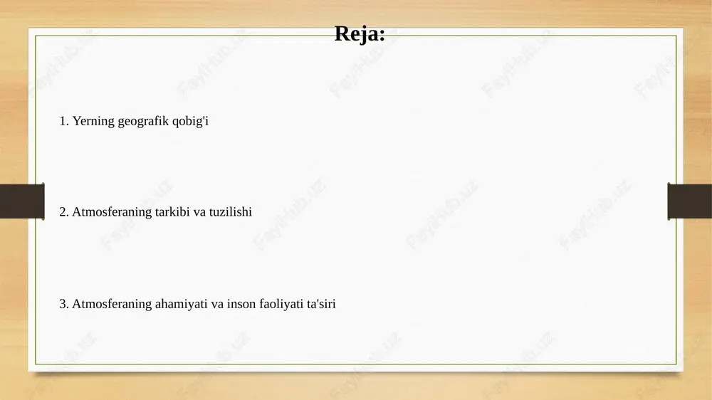 paytida hosil bo'ladigan kuchli shamollar 100 km/soat dan oshishi mumkin, bu esa daraxtlarni sindirib, binolarga zarar yetkazishi mumkin, ayniqsa qirg'oqbo'yi hududlarida. atmosferaning ifloslanishi va ekologik muammolar atmosferaning ifloslanishi global isishga olib keladi, bu esa 1.5°c dan 2°c gacha harorat ko'tarilishi bilan bog'liq bo'lib, dengiz sathining ko'tarilishi va ekstremal ob-havo hodisalarini keltirib chiqaradi. havoning ifloslanishi, xususan pm2.5 zarrachalari, nafas olish kasalliklari, yurak-qon tomir muammolari va o'pka saratoni xavfini oshiradi, natijada har yili millionlab odamlar o'limiga sabab bo'ladi. atmosferani muhofaza qilish chora-tadbirlari sanoat korxonalarida chang va gaz tozalash uskunalarini o'rnatish orqali, atmosfera ifloslanishini kamaytirish, masalan, elektrofiltrlar 99.5% gacha zarrachalarni ushlab qoladi. energiya samarador texnologiyalarni joriy etish, jumladan qayta tiklanuvchi energiya manbalari (quyosh, shamol) orqali issiqxona gazlari emissiyasini kamaytirishga qaratilgan tadbirlar, 2030 yilgacha 40% kamaytirish rejalashtirilgan. e'tiboringiz uchun rahmat slide 1 slide 2 slide 3 slide 4 slide 5 slide 6 slide 7 slide 8 slide 9 slide 10