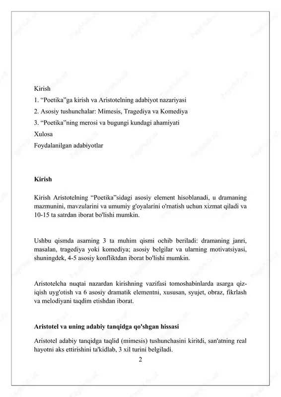 ragediya – bu jiddiy, to'liq harakatning taqlidi bo'lib, unda so'zlar bezatilgan shaklda, har bir qismida alohida ishlatiladi. aristotel tragediyani qo'rquv va rahm-shafqat orqali katarsisga olib keladigan hodisa sifatida ta'riflaydi, bu tomoshabinning hissiy tozalanishiga yordam be- radi. tragediya qahramonining taqdiri, odatda, o'zining halokatli xatosi (hamartiya) 4 tufayli o'zgaradi, bu esa baxtdan baxtsizlikka o'tishga sabab bo'ladi. tragediyaning unsurlari aristotel fojianing 6 ta asosiy unsurini ajratib ko'rsatadi: syujet (voqea rivoji), xarakter, fikr, diksiya (nutq uslubi), musiqa va tomosha. syujet eng muhim ele- ment hisoblanadi. fojia qahramonining taqdiri odatda 'hamartiya' tufayli halokatga olib keladi, bu esa qahramonning xatosi yoki hukmronlikdagi noaniqlikdir, natijada fojiali burilish sodir bo'ladi. aristotel 'katarsis' tushunchasini ta'kidlaydi, bu fojia orqali qo'zg'aladigan qo'rquv va achinish hissiyotlarini tozalash, tomoshabinlarda emotsional bo'shashishni keltirib chiqaradi. syujet (mif) syujet (mif) voqealarning mantiqiy ketma-ketligini aks ettiradi, sabab-oqibat bog'liqligi asosida rivojlanadi, 5-bobda aristotel buni ta'kidlaydi. syujet (mif) 6 elementning eng muhim qismi bo'lib, personajlar harakatlarini birlashtiradi va dramatik …