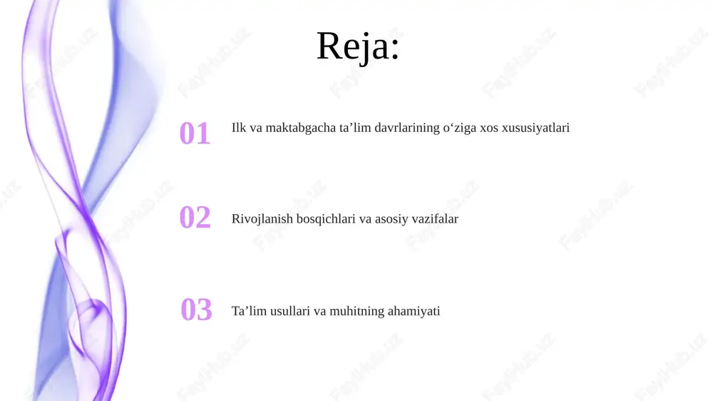nal rivojlanish 3-5 yoshda o'z-o'zini anglashning kuchayishi, o'zgalar his-tuyg'ularini tushunish va empatiya qobiliyatining rivojlanishini o'z ichiga oladi. maktabgacha yoshda ijtimoiy-emotsional ko'nikmalar, masalan, navbat kutish, bahsni hal qilish va hamkorlik qilish, tengdoshlar bilan munosabatlarning asosi hisoblanadi. nutqning rivojlanishi erta yoshda (0-3 yosh) nutq asosan imitatsiya orqali rivojlanadi; 18 oylikda bolalar 50 tagacha so'z bilishi, 2 yoshda esa 2-3 so'zdan iborat oddiy gaplar tuzishi mumkin. maktabgacha yoshda (3-6 yosh) nutq grammatik jihatdan murakkablashadi; 5 yoshga kelib, bolalar o'z fikrlarini to'liq ifodalash uchun 2500 dan ortiq so'zdan foydalanishi mumkin. o'qitish usullari va yondashuvlar preschool davrida 'loyihalashtirish' usuli bolalarni faol ishtirok etishga undaydi, bunda ular 3-6 yoshda muammolarni hal qilish va hamkorlik qilishni o'rganadilar. erta yoshda 'o'ynash orqali o'qitish' metodikasi ustunlik qiladi, bu bolaning 0-3 yoshdagi hissiy, ijtimoiy va kognitiv rivojlanishiga turtki beradi. o'yinning roli o'yin bolaning kognitiv rivojlanishida muhim rol o'ynaydi, unga 2-5 yoshda ob'ektlarning xususiyatlarini o'rganishga va muammolarni hal qilish ko'nikmalarini shakllantirishga …