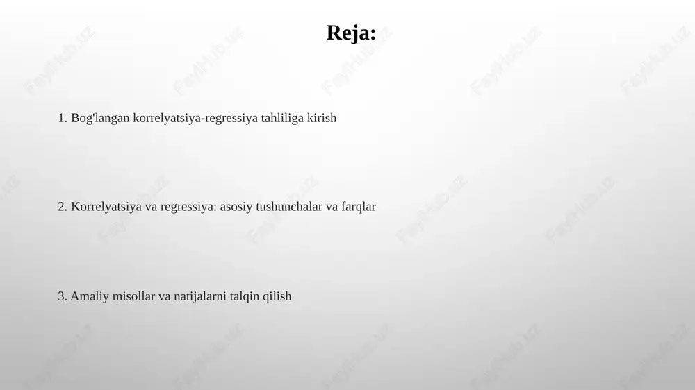 sifatida hisoblanadi, bu ikki o'zgaruvchining birgalikda qanchalik o'zgarishini ularning tarqalishi bilan solishtirishga imkon beradi. spearman korrelyatsiya koeffitsienti spearman korrelyatsiya koeffitsienti ikki o'zgaruvchining o'rtasidagi monoton munosabatni o'lchaydi, ularning qiymatlari 1 dan -1 gacha bo'lgan oraliqda baholanadi. ushbu koeffitsient ma'lumotlar normal taqsimlanmaganda yoki tashqi qiymatlar mavjud bo'lganda, pearson koeffitsientiga qaraganda ancha ishonchliroq natija beradi. regressiya tushunchasi regressiya tushunchasi bir oʻzgaruvchining (odatda, y) boshqa oʻzgaruvchi (odatda, x) qiymatlariga bogʻliqlik darajasini aniqlashga qaratilgan statistik usuldir. bu bog'liqlikni matematik model orqali ifodalaydi. regressiya analizida, masalan, chiziqli regressiya modelida, y = a + bx formula orqali bog'liqlik ifodalanadi, bunda 'a' kesma, 'b' esa regressiya koeffitsienti bo'lib, x ning y ga ta'sirini ko'rsatadi. oddiy chiziqli regressiya oddiy chiziqli regressiya bitta mustaqil o'zgaruvchi va bitta bog'liq o'zgaruvchi o'rtasidagi chiziqli munosabatni modellashtiradi, bu yerda bog'liqlik y = a + bx tenglamasi bilan ifodalanadi. regressiya koeffitsientlari a (kesma) va b (qiyalikka) kichik kvadratlar usuli orqali baholanadi, bu esa kuzatilgan va …