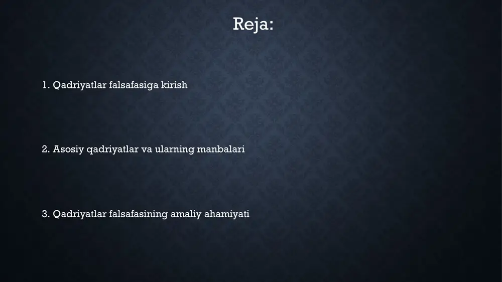 gi) kabi tasniflar mavjud, ularning nisbati jamiyatning rivojlanish darajasini ko'rsatadi. qadriyatlar va axloq qadriyatlar jamiyatning 1-darajali e'tiqodlari bo'lib, odamlarning 2 xil xatti-harakatlarini belgilaydi, axloq esa qadriyatlarga asoslangan 3 turdagi xulq-atvorni tartibga soladi. axloqiy kodekslar 4 ta asosiy qadriyatni aks ettiradi: adolat, hurmat, mas'uliyat va g'amxo'rlik. bu qadriyatlar 5 xil axloqiy tamoyillarni shakllantiradi. qadriyatlar axloqiy qarorlarni 6 xil usulda qabul qilish uchun asos bo'lib xizmat qiladi, axloq esa qadriyatlarning amaliyotda 7 ko'rinishini aks ettiruvchi me'yoriy tizimdir. qadriyatlar va madaniyat qadriyatlar madaniyatda o'zgarishlarni boshqaradi. 20-asrda kollektivizm qadriyatlari asosida yangi madaniyat yaratishga urinishlar bo'lgan. qadriyatlar madaniyatni shakllantiradi, unga yo'nalish beradi. masalan, 19-asr oxiridagi o'zbek jamiyatida hurmat tamoyili muhim madaniy me'yor edi. madaniyat qadriyatlarning namoyon bo'lish usulini belgilaydi. an'anaviy o'zbek madaniyatida mehmondo'stlik qadriyati katta ahamiyatga ega bo'lgan. qadriyatlar va jamiyat axloqiy qadriyatlar adolat, tenglik va inson huquqlari kabi tamoyillarni o'z ichiga olib, ijtimoiy adolatni ta'minlashga xizmat qiladi hamda jamiyatning rivojlanish darajasini belgilaydi. qadriyatlar jamiyat …