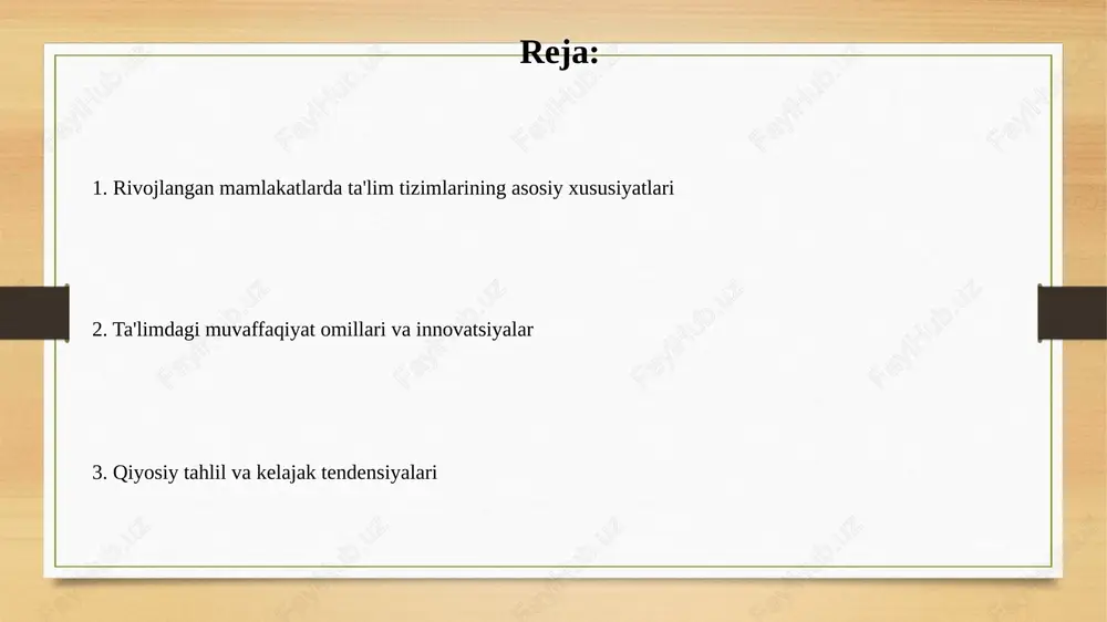 bu ularning kelajakdagi karyeralari uchun muhim poydevor hisoblanadi. ko'pgina rivojlangan mamlakatlarda o'rta ta'lim davlat tomonidan moliyalashtiriladi va majburiydir, o'quvchilar uchun teng imkoniyatlarni ta'minlaydi va maktabga qatnashish darajasini 95% dan oshiradi. oliy ta'lim ko'pgina rivojlangan davlatlarda oliy ta'lim, bakalavriat darajasini olish uchun odatda 3 yildan 4 yilgacha davom etadi, fanlararo yondashuvlar esa keng tarqalgan. rivojlangan mamlakatlardagi oliy ta'lim tizimlari kredit tizimiga asoslangan bo'lib, talabalar o'qish davomida ma'lum miqdordagi kreditlarni to'plashlari kerak. kasbiy ta'lim va trening kasbiy ta’lim odatda 16 yoshdan keyin boshlanadi va amaliy ko'nikmalarga qaratilgan, shuningdek, malakali ishchi kuchini shakllantirish uchun maxsus o'quv dasturlarini o'z ichiga oladi. ko'pgina rivojlangan mamlakatlarda kasbiy ta'lim dual tizim asosida tashkil etilgan bo'lib, nazariya va amaliyot integratsiyasi 70/30 nisbatda, ya'ni 70% amaliyotga yo'naltirilgan. o'qituvchilar tayyorlash va rivojlantirish rivojlangan davlatlarda o'qituvchilar uchun malaka oshirish dasturlari keng qamrovli bo'lib, har 3-5 yilda bir marta majburiy kurslar o'tkaziladi. o'qituvchilar tayyorlashda amaliyotga katta e'tibor qaratiladi, talabalar o'quv jarayonining kamida …