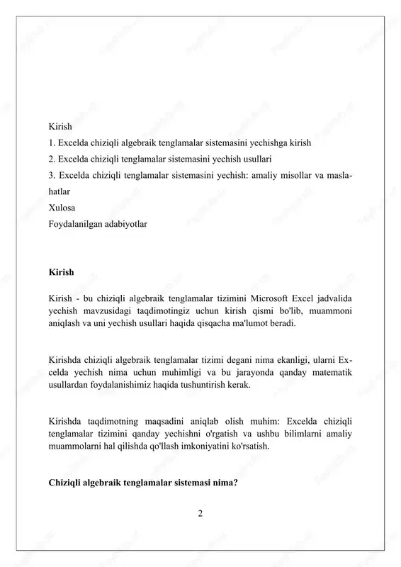 larni kamaytiradi. excel ma'lumotlarni vizualizatsiya qilish uchun ajoyib vositalarga ega, shu sababli tenglamalar tizimining yechimlarini grafik shaklda tasvirlash va tahlil qilish mumkin. excel'dagi asosiy funksiyalar excel'dagi asosiy funksiyalardan biri sum bo'lib, u argument sifatida berilgan 30tagacha son yoki diapazonlardagi sonlarning yig'indisini hisoblaydi, masalan, =sum(a1:a10). average funksiyasi berilgan sonlar yoki diapazonlardagi sonlarning o'rtacha arifmetik qiymatini topishda ishlatiladi va 255tagacha argument qabul qilishi mumkin, =average(b1:b5). if funksiyasi mantiqiy tekshiruv o'tkazadi va agar shart rost bo'lsa bir qiymatni, yolg'on bo'lsa boshqa qiymatni qaytaradi; unda kamida 3ta argument bo'lishi kerak. matritsalarni kiritish va formatlash excelda matritsalarni kiritishda har bir elementni alohida katakka joylashtiring, masalan, 3x3 matritsa uchun 9 ta katak kerak bo'ladi, a1 dan c3 gacha. formatlash uchun kataklarni belgilang va shrift, chegara va orqa fon ranglarini o'zgartiring; masalan, qalin shrift matritsa elementlarini ajratib ko'rsatishga yordam beradi. matritsaning o'lchamlarini aniq ko'rsating (masalan, "3x3 matritsa") qo'shni kataklarda, bu xatoliklarni oldini olishga va tushunishni osonlashtirishga yordam …