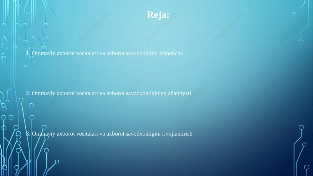 radi, bu esa jamiyat ishonchini mustahkamlaydi. media savodxonligi ijtimoiy tarmoqlarning ta’sirini tushunishga yordam beradi, onlayn xatti-harakatlarning oqibatlarini anglash, shaxsiy ma’lumotlarni himoya qilish, va kiberxavfsizlikni ta’minlash uchun zarur. e'tiboringiz uchun rahmat @taqdimot_robot slide 1 slide 2 slide 3 slide 4 slide 5 slide 6