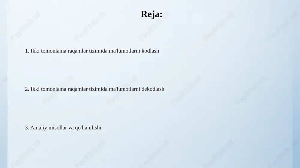 nda har bir paket boshqaruv bitlari va ma'lumotlardan iborat bo'lib, 101011001 kabi ko'rinishga ega bo'ladi. e'tiboringiz uchun rahmat @taqdimot_robot image4.png image3.jpeg