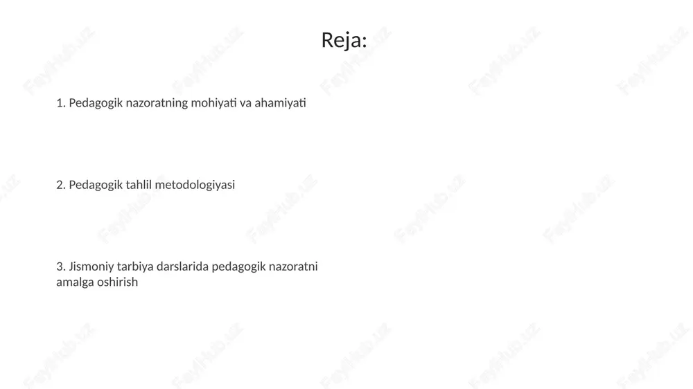 , xulosa chiqarish, tavsiyalar berish va 8- chi bosqichda ularni amaliyotga tatbiq etish. pedagogik tahlilning tamoyillari pedagogik tahlil obyektivlik tamoyili, 100% xolis bo'lishni, faktlarni buzmaslikni va shaxsiy qarashlardan xoli bo'lishni talab etadi. sistemalilik tamoyili, o'quv jarayonining barcha komponentlarini (maqsad, vazifa, metodlar) o'zaro bog'liqlikda, 360 daraja tahlil qilishni ko'zda tutadi. pedagogik nazorat turlari joriy pedagogik nazorat dars jarayonida o'quvchilarning harakat texnikasini 2-3 marta baholaydi, bunda asosiy e'tibor xatolarni erta aniqlashga qaratiladi. oraliq nazorat odatda 1-2 mavzuni qamrab oladi va o'quvchilarning nazariy hamda amaliy bilimlarini 3-4 ta nazorat topshiriqlari orqali tekshiradi. jismoniy tarbiya darsini kuzatish usullari pedagogik kuzatuvlar orqali o'quvchilarning motorli ko'nikmalarini shakllantirish darajasi baholanadi, bunda har bir harakatning to'g'riligi va aniqligi 5 ballik tizimda o'lchanadi. jismoniy tarbiya darslarini kuzatishda, 'vaqtni o'rganish' usuli qo'llaniladi, bunda mashqlar vaqtini, dam olish oraliqlarini aniqlash uchun sekundomerdan foydalaniladi. ma'lumotlarni yig'ish va qayta ishlash ma'lumot yig'ishda kuzatuv protokollari, test natijalari va so'rovnomalar qo'llaniladi. raqamli ma'lumotlar statistik tahlil …