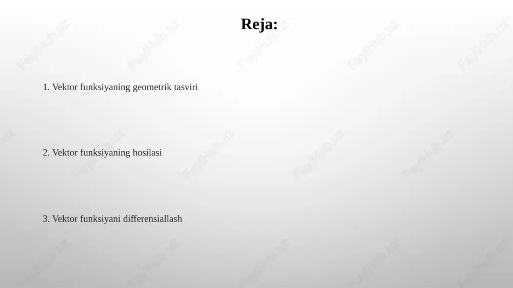 (t), y(t) va z(t) koordinatalari 't' parametriga bog'liq bo'lgan skalyar funksiyalardir. vektor funksiyasining limiti va uzluksizligi vektor funksiyaning limiti argumentning muayyan nuqtaga yaqinlashishi bilan aniqlanadi; agar har bir komponent funksiyasining limiti mavjud bo'lsa, u holda vektor funksiyaning limiti ham mavjud bo'ladi. vektor funksiyaning uzluksizligi, uning limiti funksiyaning nuqtadagi qiymatiga teng bo'lganda ta'minlanadi. boshqacha qilib aytganda, argumentning kichik o'zgarishi funksiya qiymatida kichik o'zgarishga olib keladi. vektor funksiyasining hosilasi vektor funksiyaning hosilasi uning argumenti oʻzgarishiga nisbatan vektor funksiya qiymatining oʻzgarish tezligini ifodalaydi, ya'ni dr/dt limit sifatida aniqlanadi. vektor funksiyaning hosilasini hisoblash har bir komponent funksiyaning oddiy hosilasini olish bilan amalga oshiriladi, masalan, r(t) = boʻlsa, r'(t) = . differensiallash qoidalari differensiallash qoidalariga koʻra, ikkita vektor funksiyaning yigʻindisining hosilasi, ularning har birining hosilalarining yigʻindisiga teng, yaʼni (u(t) + v(t))' = u'(t) + v'(t). agar c oʻzgarmas boʻlsa, u holda vektor funksiyaning koʻpaytmasining hosilasi (c * u(t))' = c * u'(t) formula boʻyicha hisoblanadi, …