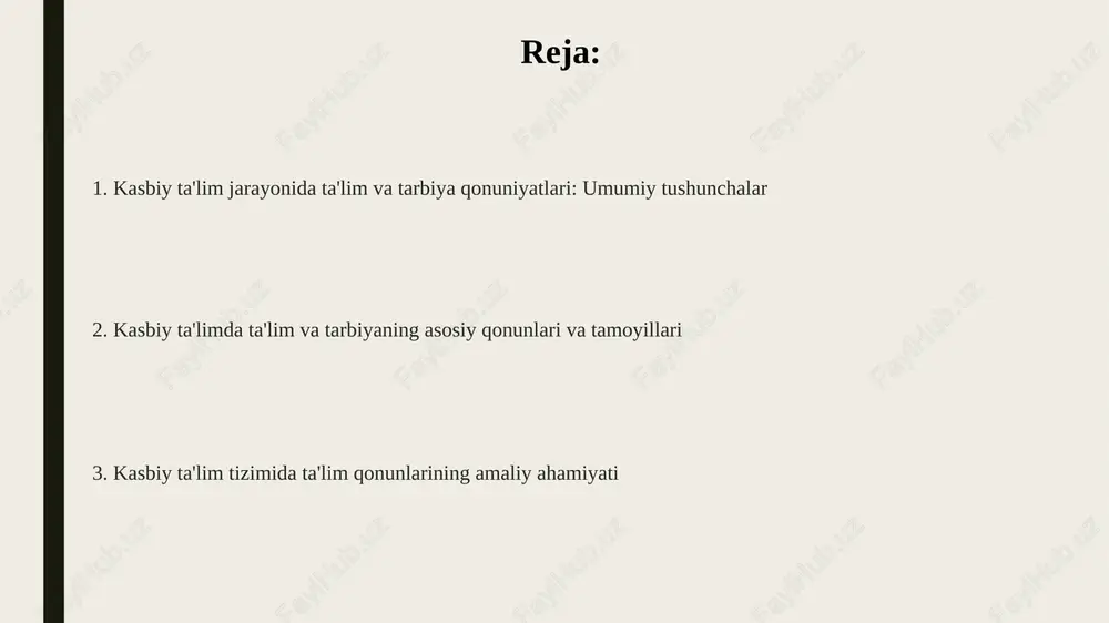 aniyatga intilish kabi muhim elementlar kiradi. kasb-hunar ta'limi tizimida ta'lim qonunlarining roli ta'limning uzluksizligi qonuni, 1997-yildagi ta'lim to'g'risidagi qonun bilan mustahkamlanib, kasb-hunar o'quvchilarining bilimini bosqichma-bosqich oshirishni ta'minlaydi. ilmiylik va dunyoviylik qonuni, ta'lim mazmunini zamonaviy kasblar uchun zarur bo'lgan 21-asr ko'nikmalariga moslashtirishni nazarda tutadi. demokratiklik va insonparvarlik qonuni, har bir o'quvchining individual qobiliyatlarini hisobga olgan holda, ularga 100% imkoniyatlar yaratishga qaratilgan. tarbiya qonunlarining kasb-hunar ta'limidagi ahamiyati kasb-hunar ta'limida tarbiya qonunlari 3 asosiy omil: oila, ta'lim muassasasi va jamiyat bilan hamkorlikni mustahkamlashga yordam beradi. tarbiya qonunlari shaxsning 7 asosiy xususiyatini rivojlantirishga yo'naltirilgan bo'lib, kasbiy ko'nikmalarni shakllantirishda muhim rol o'ynaydi. tarbiya qonunlariga muvofiq, o'quv jarayoni 6 ta asosiy bosqichda tashkil etiladi, bu esa talabalarning kasbiy mahoratini oshiradi. ta'lim qonunlarining kasbiy kompetentlikni shakllantirishga ta'siri kasbiy kompetentlikni shakllantirishga qaratilgan qonun hujjatlari, misol uchun, vazirlar mahkamasining 123-sonli qarori, malaka talablariga 90 foiz mos keluvchi dasturlarni joriy etishga yo'naltirilgan. ta'lim qonunlari, xususan, 'ta'lim to'g'risida'gi qonun talabalar kompetentligini …