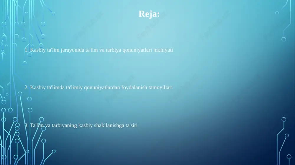 va 3) uzluksizligi kabi 3 ta asosiy tamoyilga asoslanadi. ijtimoiy muhit ta'siri 70% ni tashkil etadi, irsiyat 20%, tarbiya esa atigi 10% ni tashkil qiladi; bu nisbat tarbiya jarayonining ahamiyatini pasaytirmaydi, aksincha unga talabni oshiradi. tarbiya samaradorligi o'quvchi va tarbiyachining o'zaro munosabatlari, ya'ni, 1) hamkorlik, 2) hurmat va 3) ishonchga asoslangan ijobiy psixologik muhit yaratish orqali 45% ga oshirilishi mumkin. ta'limning asosiy qonunlari ta'limning insonparvarlashuvi qonuni har bir shaxsning individual xususiyatlarini hisobga olgan holda, 9 yillik majburiy ta'limni tashkil etishni nazarda tutadi. ta'limning uzluksizligi qonuni shuni ko'rsatadiki, 3 yoshdan boshlab to hayotning oxirigacha davom etadigan, 5 bosqichli ta'lim tizimini yaratish zarur. ta'limning demokratlashuvi qonuni ta'lim muassasalarida o'qitish usullarini tanlashda erkinlikni, 11 yillik majburiy umumiy o'rta ta'lim olish huquqini kafolatlaydi. tarbiya tamoyillari: nazariya va amaliyot "tarbiya tamoyillari"ning 5 ta asosiy komponenti (insonparvarlik, demokratizm, milliy o'zlikni anglash) kasbiy ta'limda yuqori malakali mutaxassislar tayyorlashda axloqiy me'yorlarni shakllantiradi. "tarbiya tamoyillari" nazariyasi shaxsning har tomonlama …