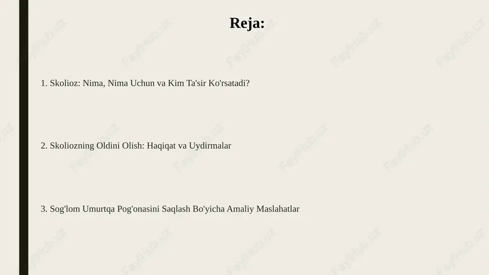 lgilari skoliozning alomatlaridan biri bu yelka pichoqlarining nosimmetrikligi bo'lishi mumkin, bunda bir yelka pichog'i boshqasidan ko'proq chiqib turadi yoki balandroq joylashadi. skolioz bilan og'rigan odamlarda belning bir tomonida qovurg'alar boshqasiga qaraganda ko'proq chiqib turishi mumkin, bu esa egilish yoki burilish natijasida hosil bo'lgan deformatsiyani ko'rsatadi. skolioz belgilariga oyoqlarning uzunligi nomutanosibligi kiradi, bunda bir oyoq boshqasidan biroz uzunroq bo'ladi, natijada yurish paytida muvozanat buzilishi kuzatiladi. skoliozni tashxislash rentgen nurlari skoliozni tashxislashning asosiy usuli bo'lib, umurtqa pog'onasining egilish burchagini cobb burchagi orqali o'lchaydi. skoliozni tashxislashda adam's testidan foydalaniladi, bunda bemor oldinga egiladi va orqa qismida egilish yoki asimmetriya baholanadi. skoliometr – bu umurtqa pog'onasining rotatsiyasini o'lchaydigan asbob bo'lib, adam's testida shubha tug'ilganda qo'llaniladi, o'lchovlar 5 darajadan oshsa rentgen talab etiladi. skoliozning rivojlanish xavfi omillari ba'zi nevrologik kasalliklar, masalan, serebral falaj yoki mushak distrofiyasi, mushaklarning zaifligi va suyaklarning noto'g'ri rivojlanishi orqali skoliozga olib kelishi mumkin. o'smirlik davrida, ayniqsa 10 yoshdan 13 yoshgacha bo'lgan …