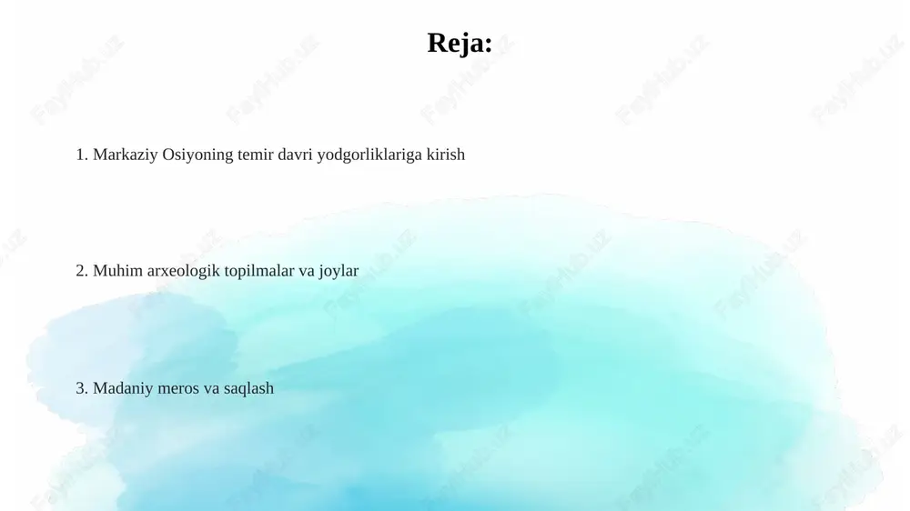 larning tarixiy va madaniy ahamiyatini aniqlash muhim rol oʻynaydi, bu esa 50-yillik saqlash strategiyasini ishlab chiqishga yordam beradi. yodgorliklarni muhofaza qilishda mahalliy aholining ishtirokini taʼminlash, ularning madaniy merosga boʻlgan hurmatini oshirish orqali, 20 foizlik ijobiy oʻzgarishga erishish mumkin, bu esa kelajak avlodlar uchun muhimdir. e'tiboringiz uchun rahmat @taqdimot_robot slide 1 slide 2 slide 3 slide 4 slide 5 slide 6